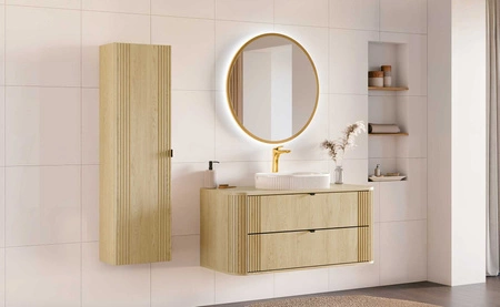 Szafka pod umywalkę Ovalia Cremona 120 cm dąb cremona charakterystyczne zaokrąglone rogi szafki czarne metalowe uchwyty krawędziowe