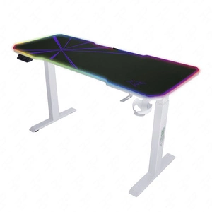 Biurko gamingowe E-Talisman biały / fioletowy biurko z regulacją wysokości blat w całości pokryty podkładką z oświetleniem LED