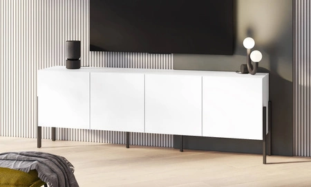 Szafka RTV Jukon 204 cm biała elegancka forma mebla w nowoczesnym stylu system otwierania push to open metalowe czarne nogi