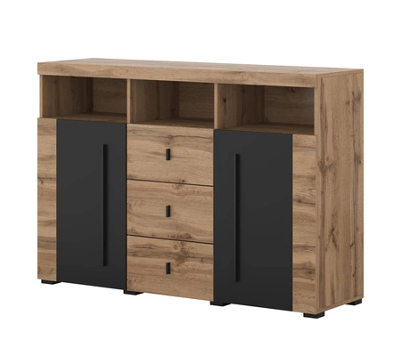 Zestaw mebli Roger dąb wotan / czarny gustowna stylistyka mebli wzbogacona o stylowe czarne dodatki idealna meblościanka do pokoju dziennego