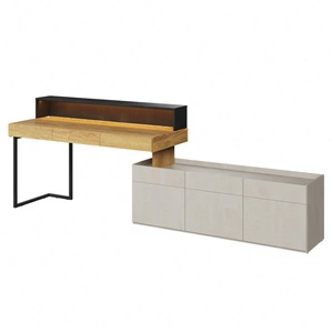 Biurko z szafką Teen Flex 244 cm / 279 cm hikora naturalna / silk flou / raw steel funkcjonalne biurko możliwość narożnego montażu