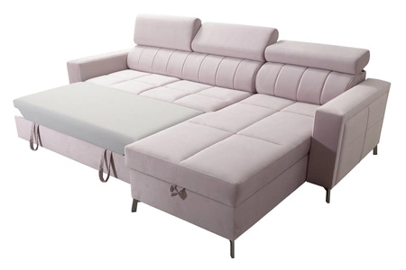 Narożnik z funkcją spania Nausa beżowy prawostronny velvet stylowy komfortowy narożnik regulowane zagłówki pojemnik na pościel