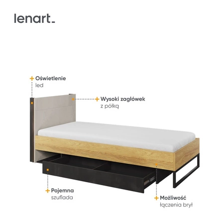 Łóżko Teen Flex 90x200 cm hikora naturalna / silk flou / raw steel komfortowe łóżko z dużą szufladą na pościel wysoki zagłówek z półką