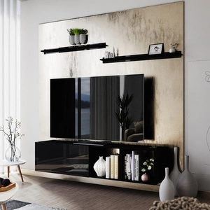 Szafka RTV wisząca Astros 180 cm czarna / czarny połysk z półkami minimalistyczny i elegancki design wpisujący się w każde wnętrze