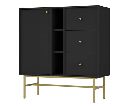Komoda z szufladami Kioto III 100 cm czarny grafit nowoczesny design praktyczne półki złote uchwyty stabilny metalowy stelaż
