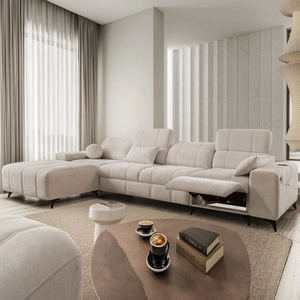 Narożnik z funkcją spania Penejos XII Lux beżowy lewostronny stylowy narożnik rozkładany z komfortowym wysuwanym podnóżkiem