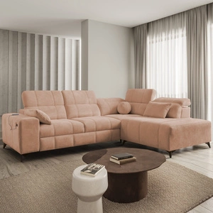 Narożnik z funkcją spania Penejos VII łososiowy prawostronny stylowy narożnik z pojemnikiem na pościel wygodne regulowane zagłówki