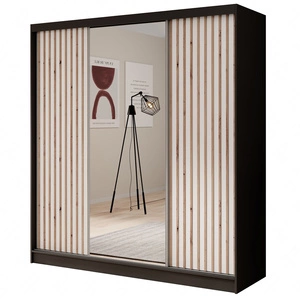 Szafa przesuwna z lustrem Ida 200 cm czarny / biały stylowe lamele zdobiące drzwi szafy wnętrze wyposażone w pojemne szuflady