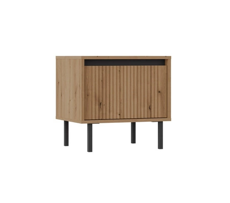 Meblościanka Osaka dąb evoke / czarny minimalistyczny design podkreślony modną kolorystyką wysokie metalowe czarne nogi gustowny ryflowany front