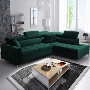 Narożnik z funkcją spania Nausa III butelkowa zieleń prawostronny velvet komfortowy narożnik regulowane zagłówki pojemnik na pościel