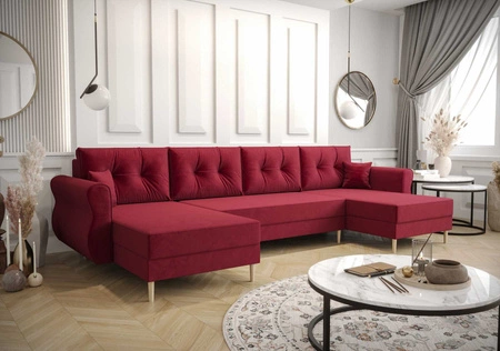 Narożnik z funkcją spania Wilkins U bordowy komfortowy narożnik miękka tkanina nowoczesny design wpisujący się w każdą aranżację