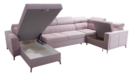 Narożnik z funkcją spania Nausa V beżowy lewostronny elegancki narożnik do salonu wykonany z miękkiej tkaniny typu velvet