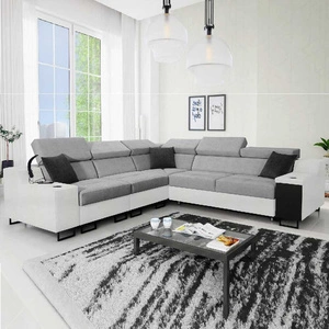 Narożnik z funkcją spania Alcamo III siwy / biały lewostronny funkcjonalny narożnik z szufladą w boczku dwa pojemniki na pościel