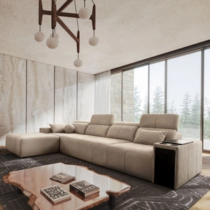 Narożnik z funkcją spania Tesalia XII beżowy lewostronny nowoczesny design komfortowe przesuwane oparcie szuflada w boczku mebla