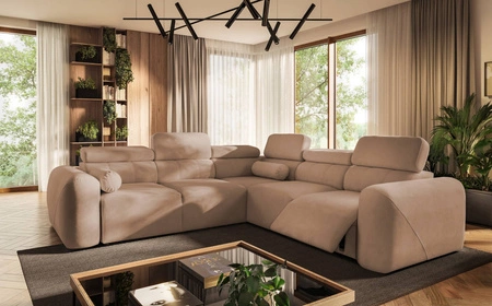 Narożnik z funkcją spania Cantare III Lux łososiowy prawostronny stylowy i komfortowy narożnik do salonu z podnoszonym podnóżkiem