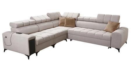 Narożnik z funkcją spania Bolmso III brązowy lewostronny narożnik z pojemnikami na pościel szuflada z pełnym wysuwem w boczku mebla