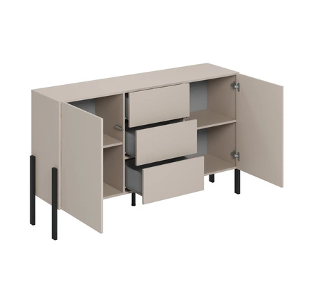 Komoda z szufladami Jukon 154 cm beżowa elegancka forma mebla w nowoczesnym stylu system otwierania push to open metalowe czarne nogi