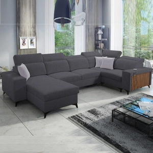 Narożnik z funkcją spania Kelly IV grafitowy lewostronny pleciony komfortowy narożnik regulowane zagłówki bok wykończony lamelami