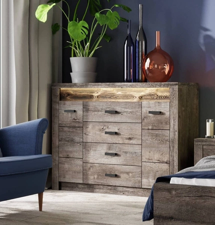 Komoda z szufladami Indiana 137 cm jesion ciemny elegancka stylistyka komody ozdobna deska na froncie komody oświetlona LED