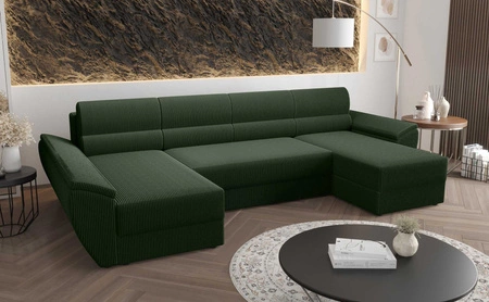 Narożnik z funkcją spania Fogu U III zielony stylowy narożnik z podłokietnikami i pojemnikiem na pościel sztruksowa tkanina