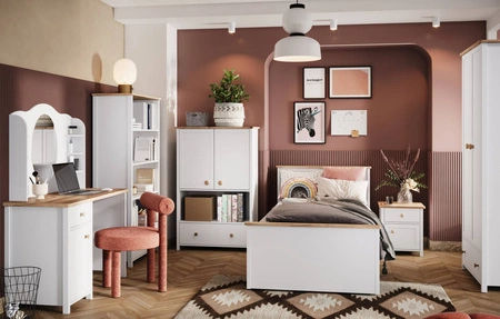 Komoda wysoka Story 85 cm biały / dąb nash estetyczna komoda z szufladą i półką elegancki design połączony z wysoką jakością wykonania