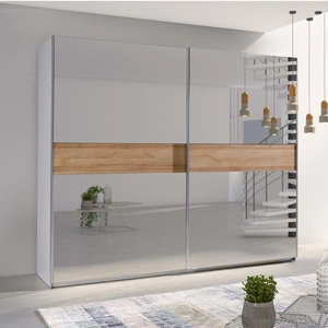 Szafa przesuwna Lux 244 cm biała / dąb riviera z lustrem nowoczesny design oraz wykończenie ABS idealna szafa do sypialni lub garderoby