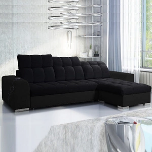 Narożnik z funkcją spania Luigi czarny / czarna ekoskóra prawostronny narożnik z dwoma pojemnikami na pościel tkanina o ciekawej strukturze