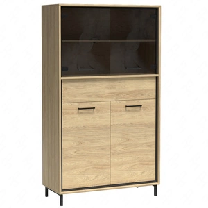 Witryna niska Mediolan Plus 92 cm hikora gustowna witryna na metalowych nogach szuflada z systemem push to open bezpieczne szkło hartowane