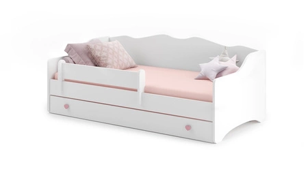 Łóżko Emily 80x160 cm białe dziecięce łóżko z materacem barierka ochronna szuflada z różowymi uchwytami w kształcie serca