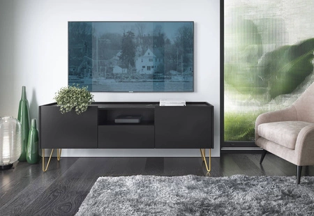 Szafka RTV Madison 144 cm czarny grafit / marmur black royal modernistyczny design dekoracyjny blat w marmurowym dekorze