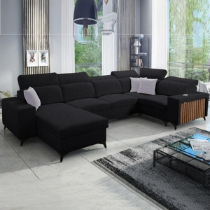 Narożnik z funkcją spania Kelly IV czarny lewostronny pleciony komfortowy narożnik regulowane zagłówki bok wykończony lamelami