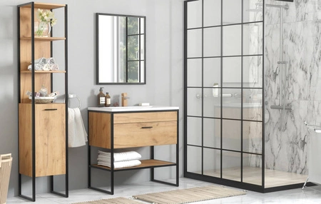 Zestaw mebli łazienkowych Brooklin dąb craft złoty nowoczesne szafki do łazienki o loftowym charakterze stabilna metalowa podstawa