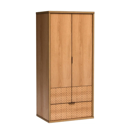 Szafa Fonti 86 cm dąb karmel nowoczesny design mebla drzwi szafy ozdobione dekorem jodełki czarne uchwyty krawędziowe pojemna szuflada