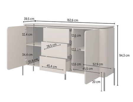 Komoda z szufladami Belle 163 cm ciemny beżowy elegancka komoda o zaokrąglonym kształcie system otwierania push to open metalowe czarne nogi