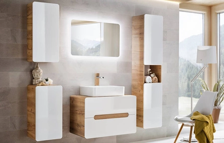 Słupek łazienkowy wiszący Aruba 35 cm dąb craft złoty / biały połysk stylowy design szafki do łazienki ciekawy zaoblony kształt bryły