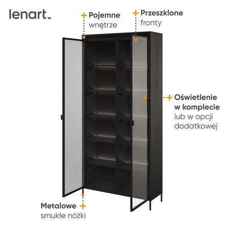 Witryna Trend 92 cm czarna designerska i efektowa witryna szklana z klimatycznym oświetleniem w postaci paska led pod górnym blatem