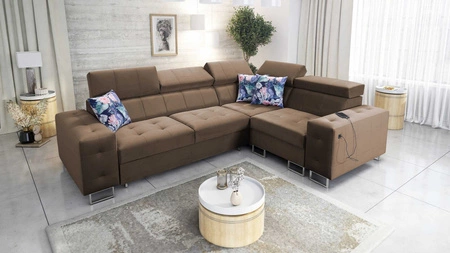 Narożnik z funkcją spania Hampton II jasny brąz prawostronny stylowy narożnik rozkładany miękka tkanina obiciowa typu velvet