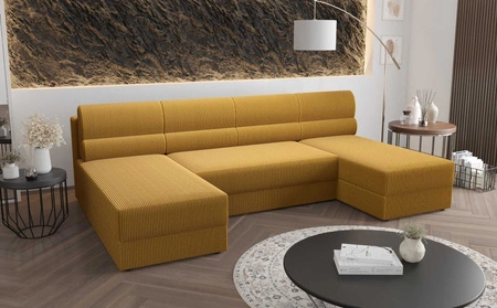 Narożnik z funkcją spania Fogu U miodowy komfortowy i stylowy narożnik o prostym designie sztruksowa tkanina pojemnik na pościel