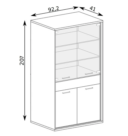 Witryna Mediolan Plus 92 cm hikora stylowa witryna bezpieczne szkło hartowane witryna na metalowych nogach szuflada z systemem push to open