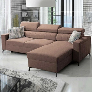 Narożnik z funkcją spania Savona jasny brąz prawostronny wygodny i elegancki narożnik z regulowanymi zagłówkami dekoracyjne przeszycia