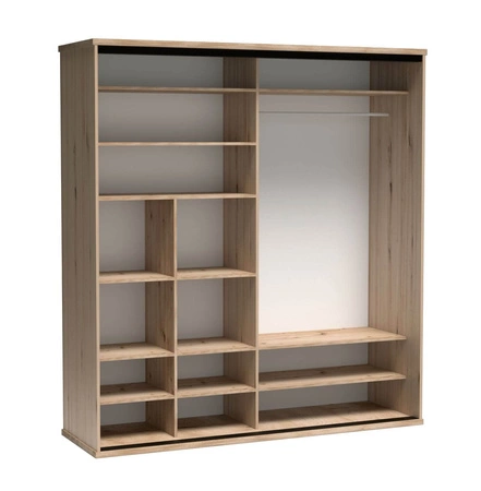 Szafa przesuwna z lustrem Cali 199 cm dąb artisan / czarny stylowa szafa z lamelami w kolorze drewna idealna szafa do sypialni czy garderoby