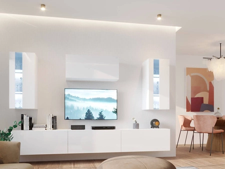 Meblościanka Tembi biała / biały połysk nowoczesny design meblościanka do salonu lub pokoju dziennego system push to open