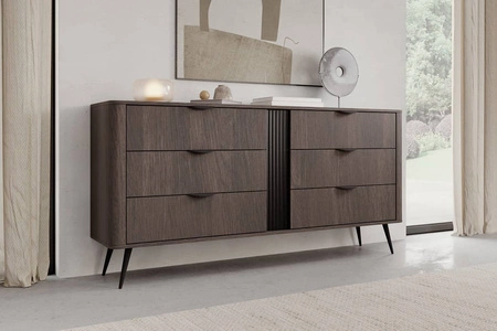 Komoda z szufladami Veris 163 cm dąb dunin / czarny oryginalny design komoda wsparta na wysokich metalowych nogach zaoblony kształt