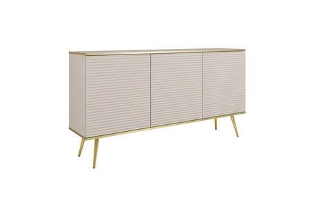 Komoda Luxury 160 cm beżowa elegancki design stylowe ryflowane fronty korpus komody zwieńczony złotą listwą złote metalowe nogi