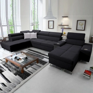 Narożnik z funkcją spania Dafni V czarny prawostronny pleciony wygodny i komfortowy narożnik z regulowanymi zagłówkami