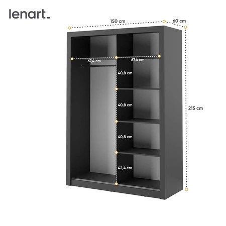 Szafa przesuwna z lustrem Arti 150 cm czarna funkcjonalna szafa do sypialni lub pokoju młodzieżowego drzwi szafy wykończone lustrami