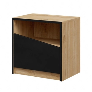 Szafka nocna Atson dąb odwieczny / czarny lewa funkcjonalny dodatek do sypialni w stylu nowoczesnym oryginalny kształt drzwi