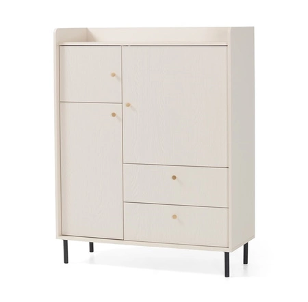 Zestaw mebli Ferdi beż piaskowy minimalistyczny design meblościanki do salonu złote uchwyty korpusy wysunięte ponad linię blatów