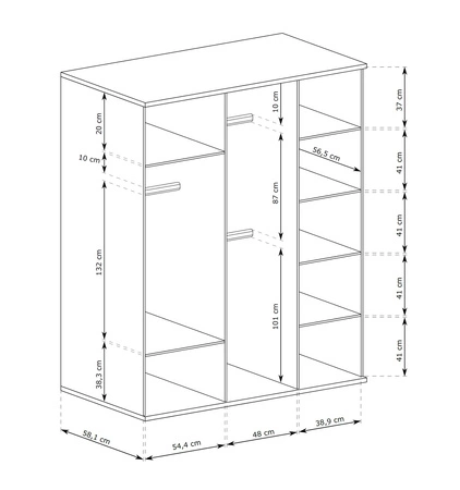 Szafa z lustrem Cali 150 cm dąb artisan / czarny drzwi szafy ozdobione lamelami w kolorze dębu czarne uchwyty szafa z szufladami