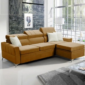 Narożnik z funkcją spania Rava miodowy prawostronny velvet komfortowy i funkcjonalny narożnik z regulowanymi zagłówkami